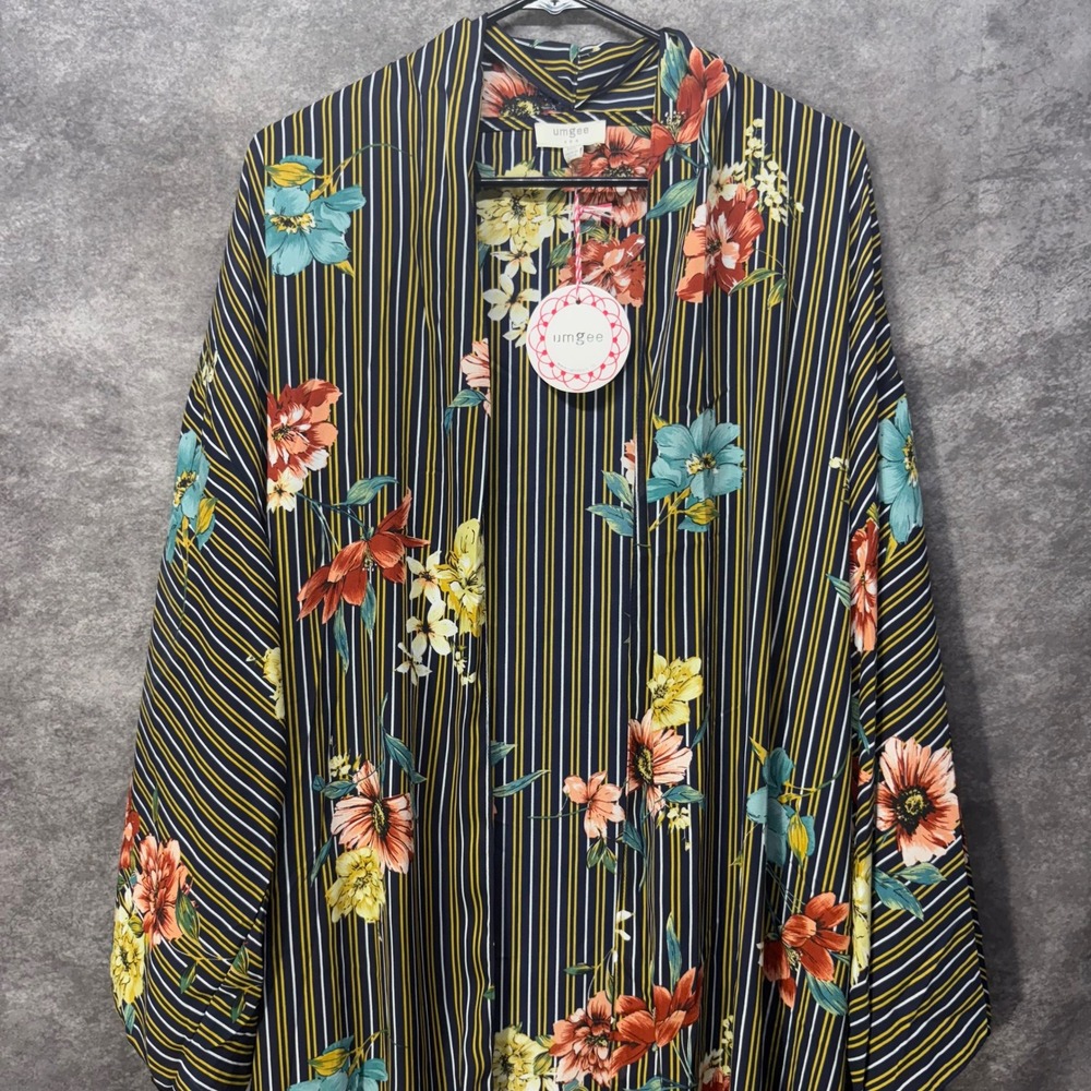 Umgee Floral Striped Kimono DusterSize M/L Navy Blue Open Front Sheer Boho NWT - Picture 2 of 11